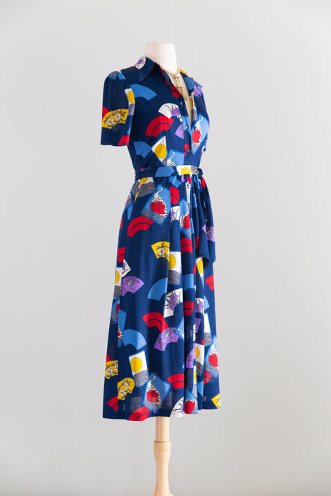 Chic 1970's Hanae Mori Fan Print Jersey Day Dress / XS