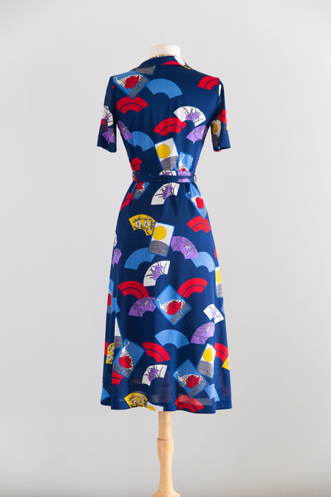 Chic 1970's Hanae Mori Fan Print Jersey Day Dress / XS