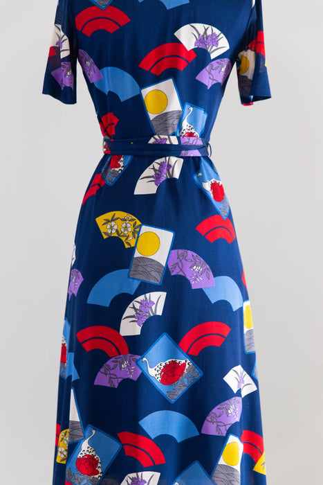 Chic 1970's Hanae Mori Fan Print Jersey Day Dress / XS