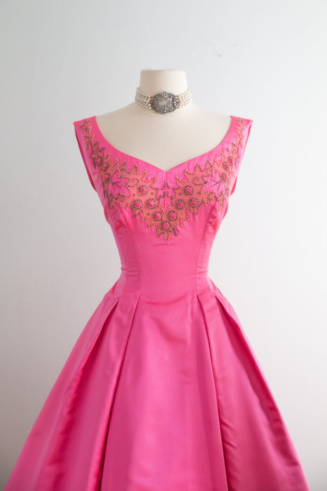Stunning 1950's Alix of Miami Shocking Pink Silk Party Dress / SM