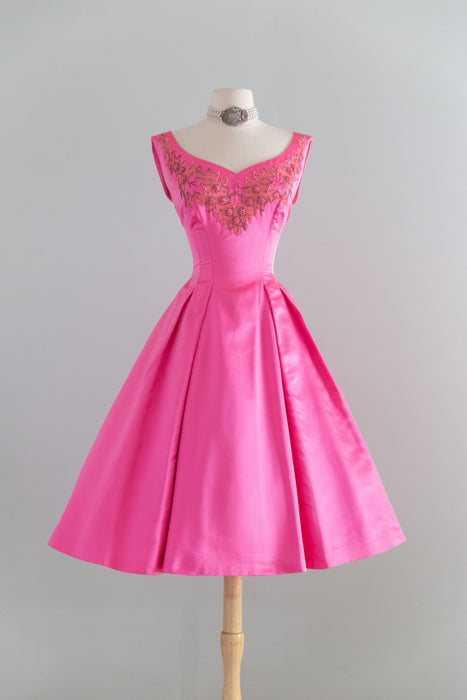 Stunning 1950's Alix of Miami Shocking Pink Silk Party Dress / SM