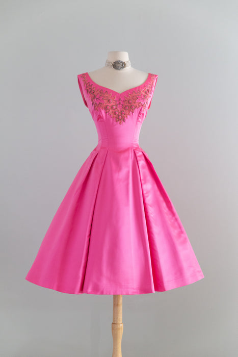 Stunning 1950's Alix of Miami Shocking Pink Silk Party Dress / SM