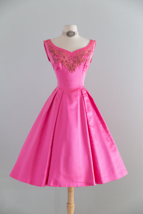 Stunning 1950's Alix of Miami Shocking Pink Silk Party Dress / SM