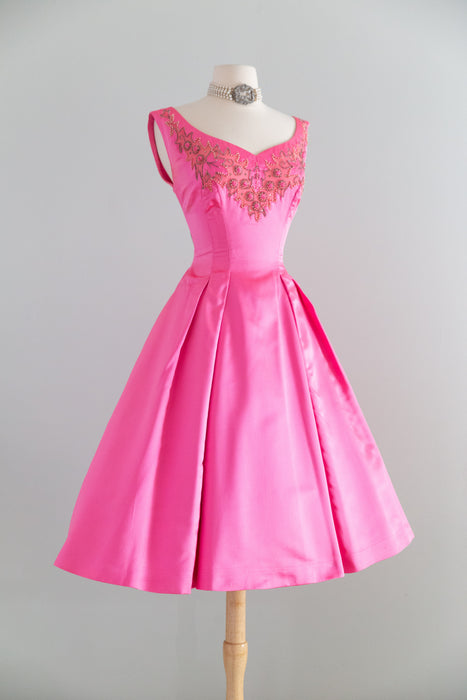 Stunning 1950's Alix of Miami Shocking Pink Silk Party Dress / SM