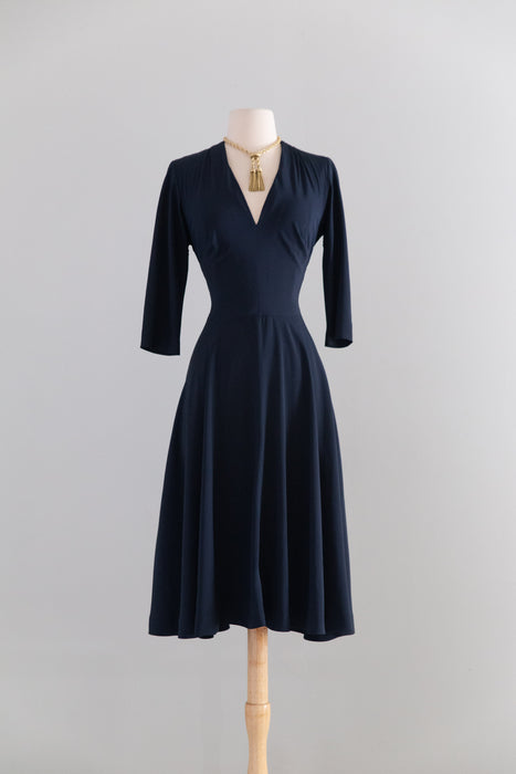Impeccable 1950's Traina-Norell Navy Blue Silk Dress / M