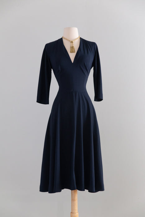 Impeccable 1950's Traina-Norell Navy Blue Silk Dress / M