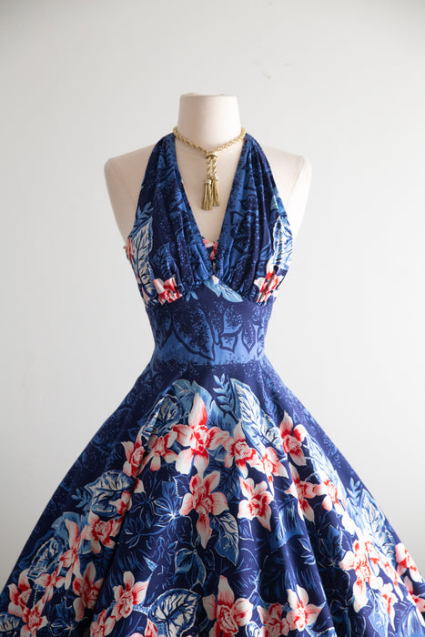 Fabulous 1950's Kamehameha Hawaiian Halter Dress / S