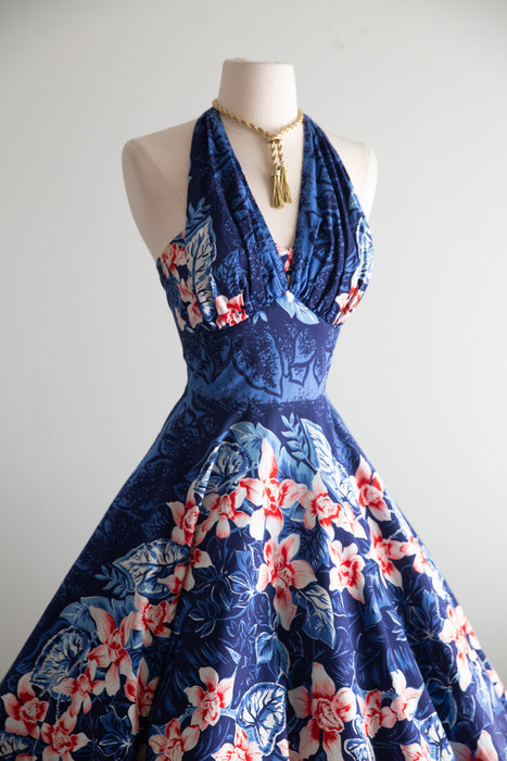 Fabulous 1950's Kamehameha Hawaiian Halter Dress / S