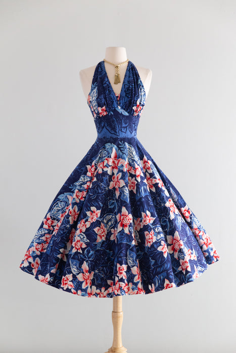 Fabulous 1950's Kamehameha Hawaiian Halter Dress / S