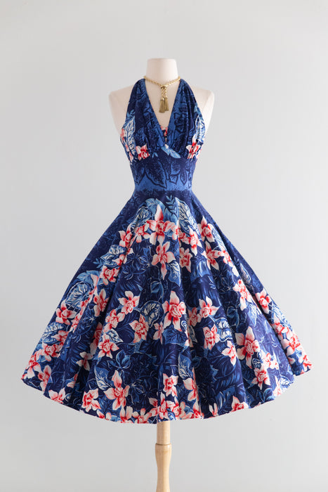 Fabulous 1950's Kamehameha Hawaiian Halter Dress / S