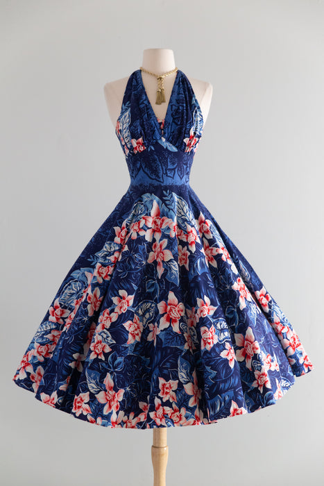 Fabulous 1950's Kamehameha Hawaiian Halter Dress / S