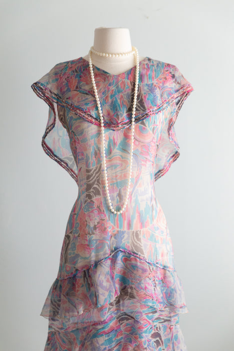 Diaphanous Late 1920's Moon Garden Print Silk Chiffon Sheer Dress / Sm