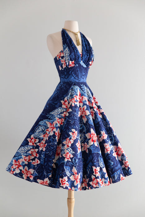 Fabulous 1950's Kamehameha Hawaiian Halter Dress / S