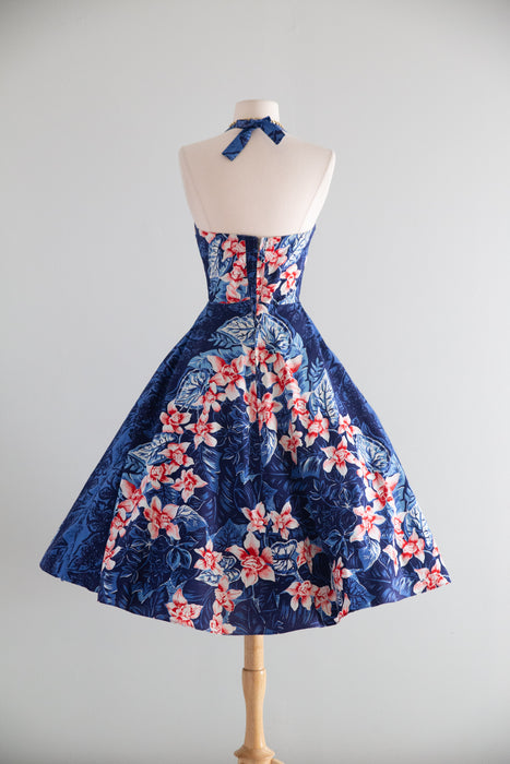 Fabulous 1950's Kamehameha Hawaiian Halter Dress / S