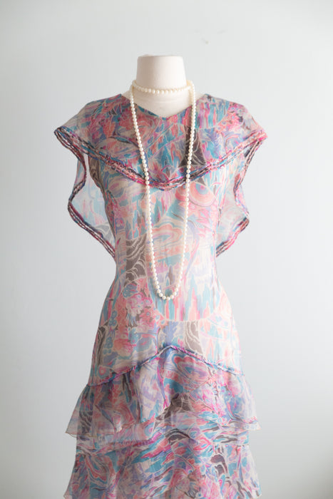 Diaphanous Late 1920's Moon Garden Print Silk Chiffon Sheer Dress / Sm