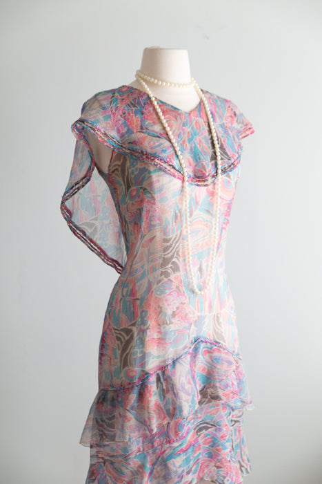 Diaphanous Late 1920's Moon Garden Print Silk Chiffon Sheer Dress / Sm