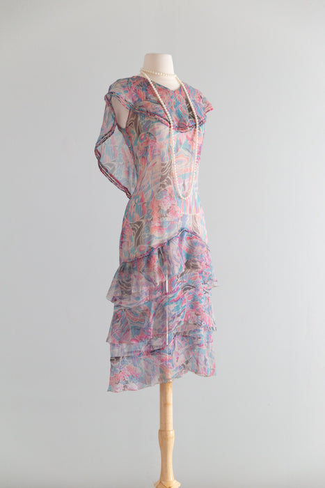 Diaphanous Late 1920's Moon Garden Print Silk Chiffon Sheer Dress / Sm