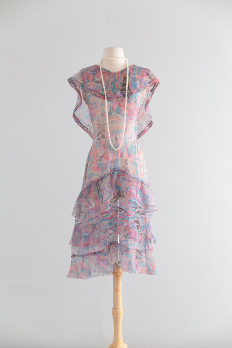 Diaphanous Late 1920's Moon Garden Print Silk Chiffon Sheer Dress / Sm