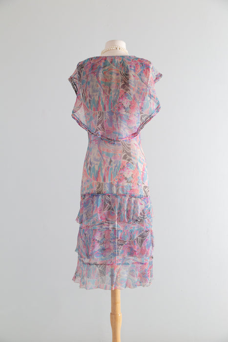 Diaphanous Late 1920's Moon Garden Print Silk Chiffon Sheer Dress / Sm