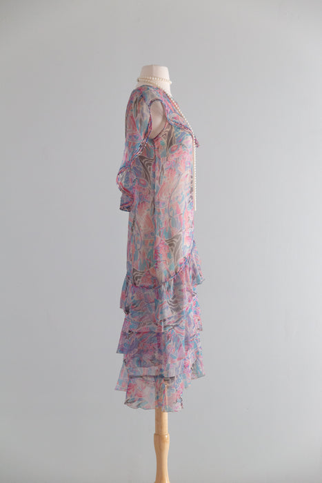Diaphanous Late 1920's Moon Garden Print Silk Chiffon Sheer Dress / Sm