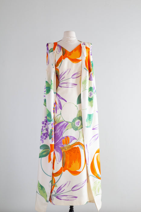 Spectacular 1960's Floral Print Gown With Matching Watteau Train Vest / L