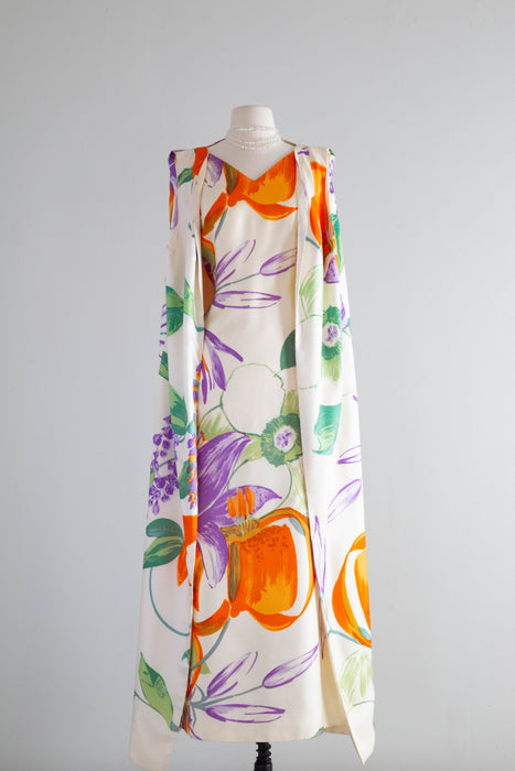 Spectacular 1960's Floral Print Gown With Matching Watteau Train Vest / L