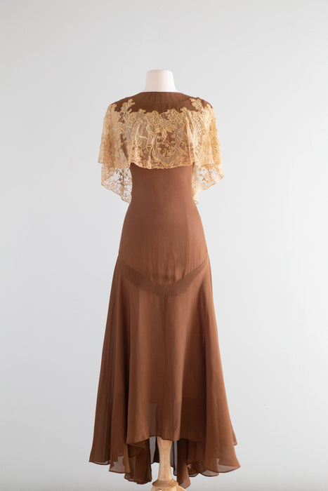 Gorgeous 1920's Bittersweet Cocoa Silk Afternoon Dress With Embroidered Antique Lace / Small