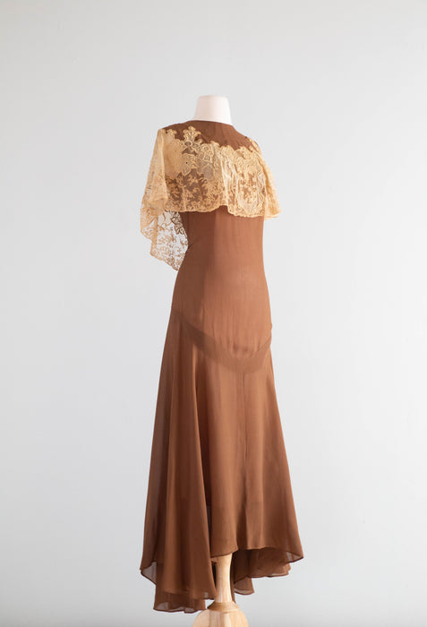 Gorgeous 1920's Bittersweet Cocoa Silk Afternoon Dress With Embroidered Antique Lace / Small