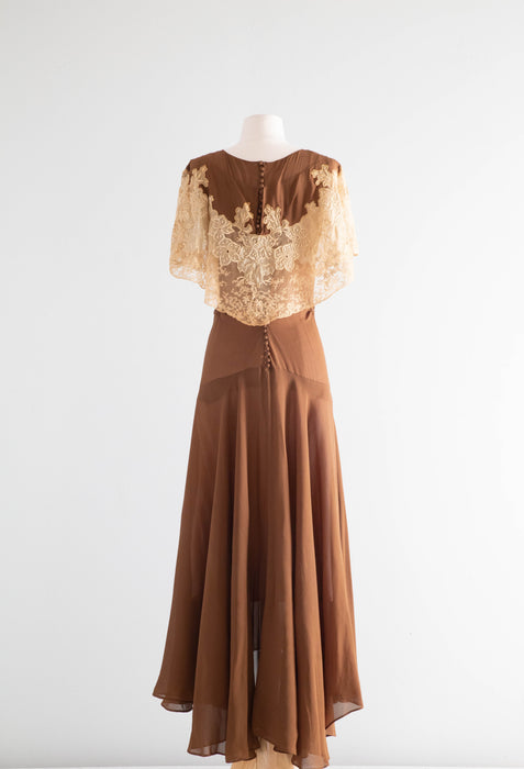 Gorgeous 1920's Bittersweet Cocoa Silk Afternoon Dress With Embroidered Antique Lace / Small