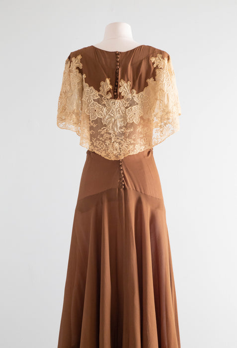 Gorgeous 1920's Bittersweet Cocoa Silk Afternoon Dress With Embroidered Antique Lace / Small