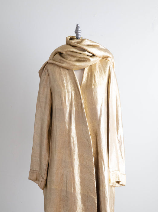 Rare 1920's Liquid Gold Lamé Opera Cocoon Coat With Hood & Velvet Lining / SM