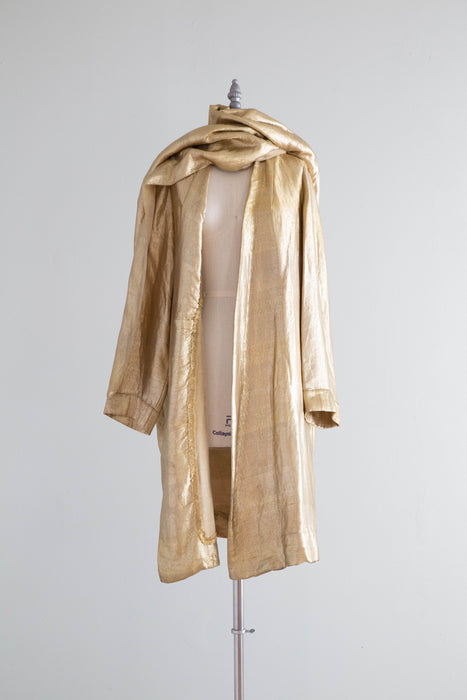 Rare 1920's Liquid Gold Lamé Opera Cocoon Coat With Hood & Velvet Lining / SM