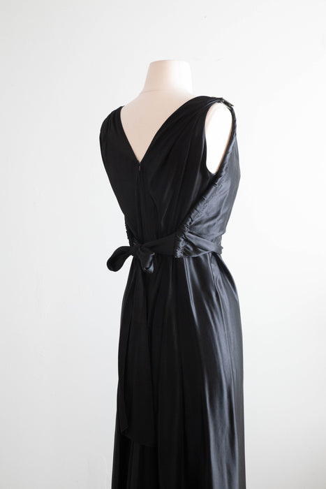 Exquisite 1930's Liquid Silk Satin Bias Cut Evening Gown With Rhinestone Dress Clips / Medium