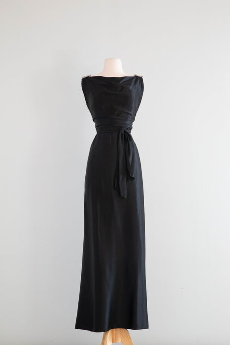 Exquisite 1930's Liquid Silk Satin Bias Cut Evening Gown With Rhinestone Dress Clips / Medium