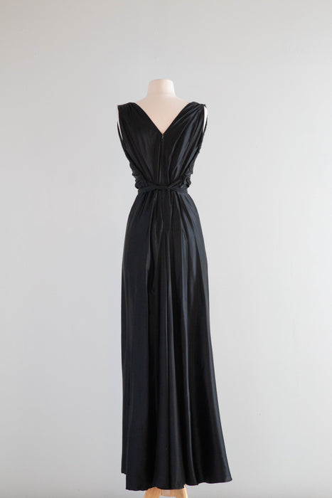 Exquisite 1930's Liquid Silk Satin Bias Cut Evening Gown With Rhinestone Dress Clips / Medium