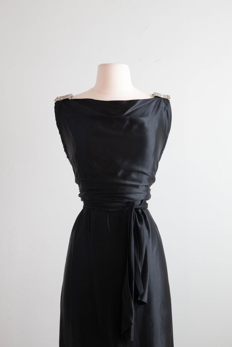 Exquisite 1930's Liquid Silk Satin Bias Cut Evening Gown With Rhinestone Dress Clips / Medium