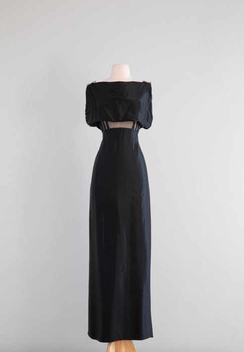 Exquisite 1930's Liquid Silk Satin Bias Cut Evening Gown With Rhinestone Dress Clips / Medium