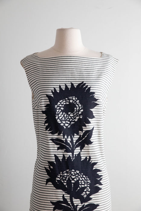 1960's Mod Striped Cotton Shift Dress With Bold Sunflower Print  / ML