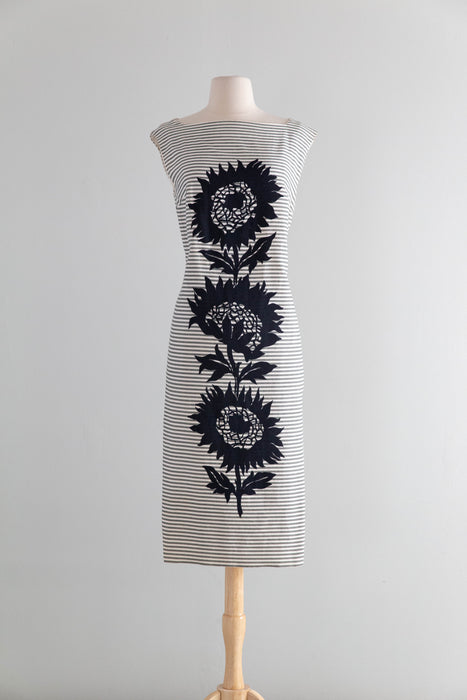 1960's Mod Striped Cotton Shift Dress With Bold Sunflower Print  / ML