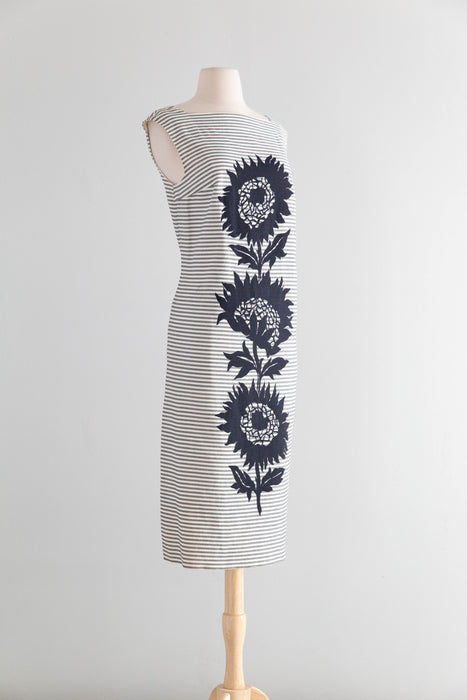 1960's Mod Striped Cotton Shift Dress With Bold Sunflower Print  / ML