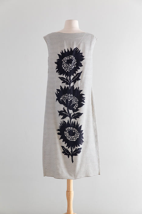 1960's Mod Striped Cotton Shift Dress With Bold Sunflower Print  / ML