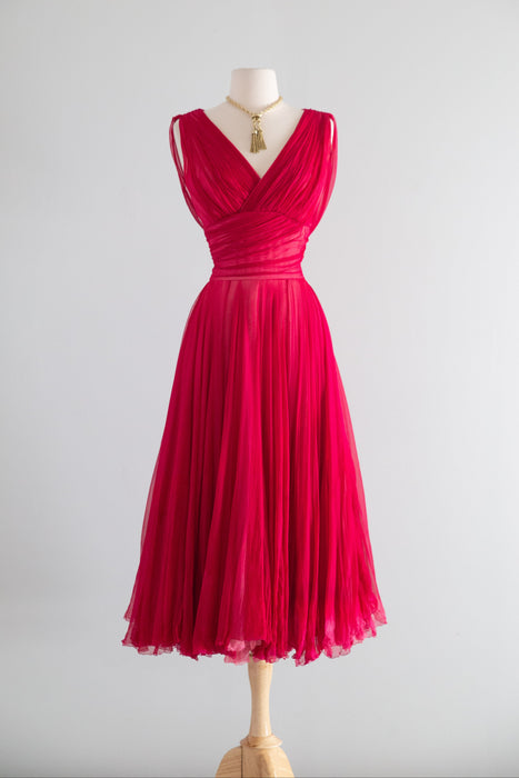 Stunning 1950's Ernest Newman Crimson Silk Couture Cocktail Dress AS-IS / SM
