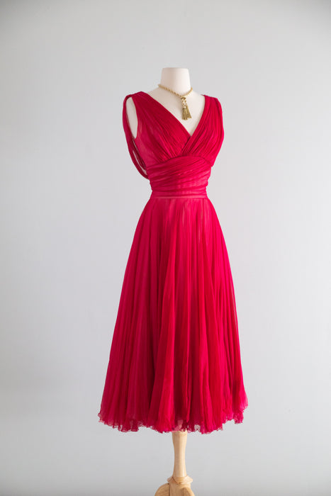 Stunning 1950's Ernest Newman Crimson Silk Couture Cocktail Dress AS-IS / SM