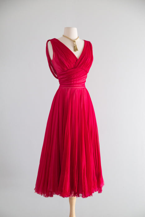 Stunning 1950's Ernest Newman Crimson Silk Couture Cocktail Dress AS-IS / SM