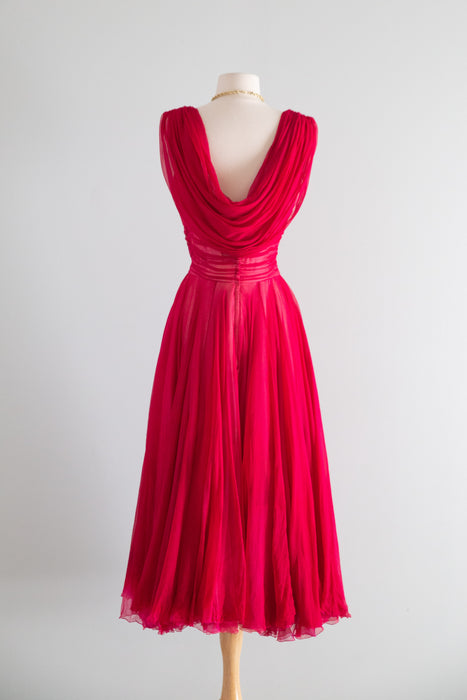 Stunning 1950's Ernest Newman Crimson Silk Couture Cocktail Dress AS-IS / SM