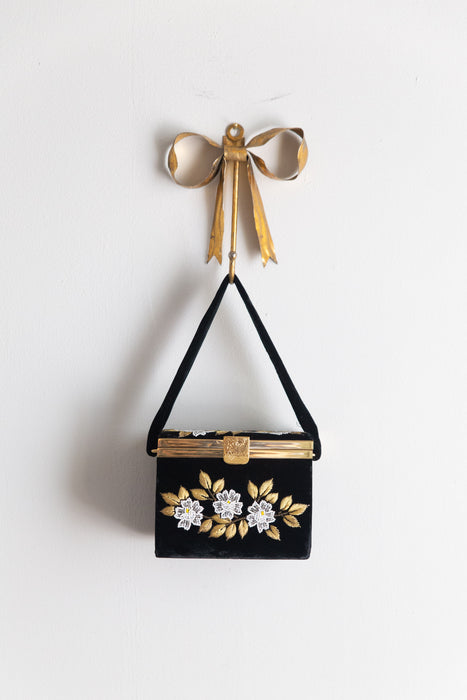 Beautiful 1960s Black Velvet Box Bag with Beaded Floral Embroidery