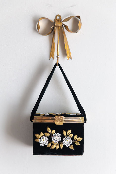 Beautiful 1960s Black Velvet Box Bag with Beaded Floral Embroidery