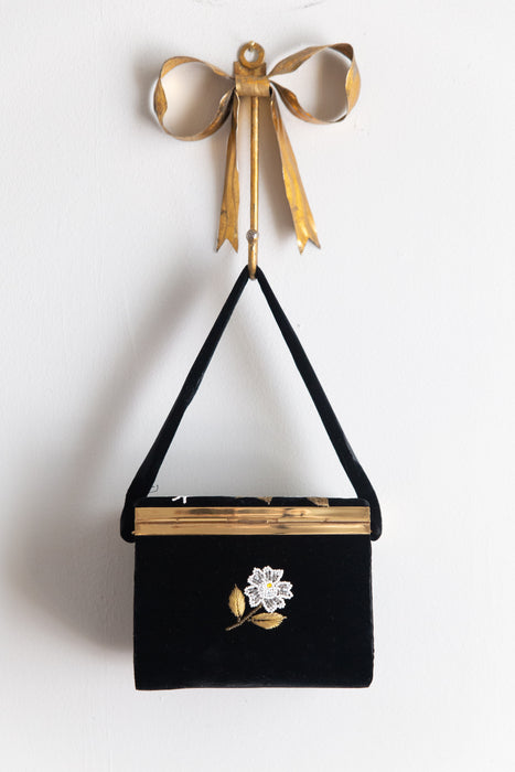 Beautiful 1960s Black Velvet Box Bag with Beaded Floral Embroidery