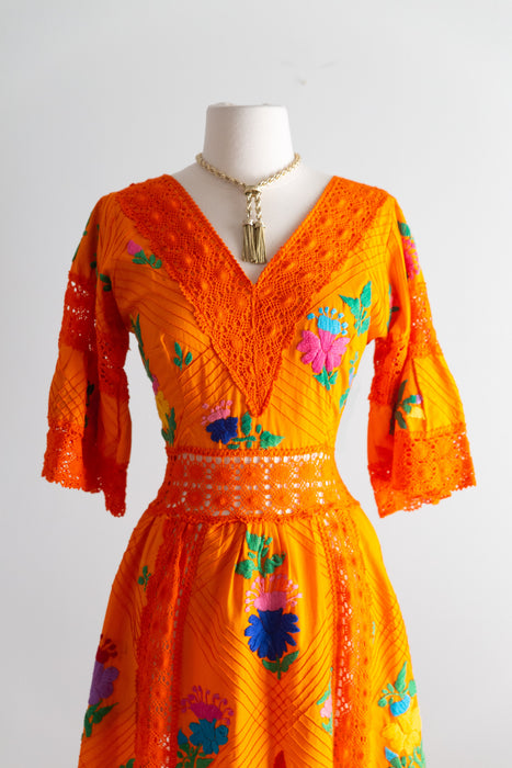 Marigold Dream Embroidered 1970's Maxi Dress From Mexico / SM