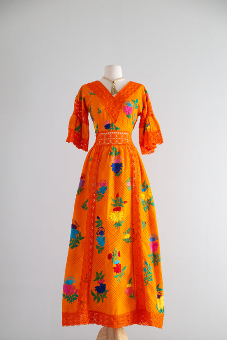 Marigold Dream Embroidered 1970's Maxi Dress From Mexico / SM